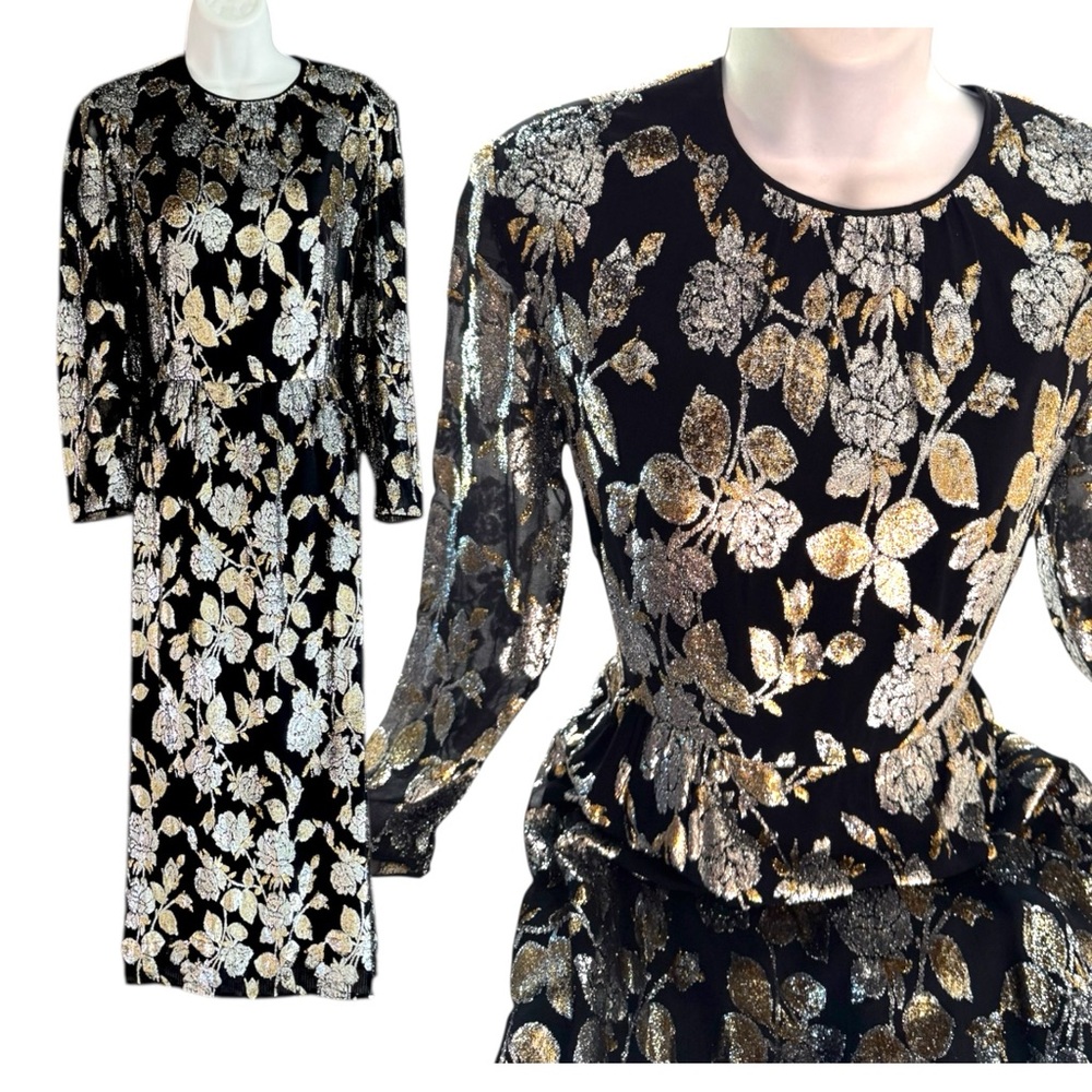 Adele Simpson Vintage Metallic Silver Gold Black Formal Mod Cocktail Dress 14🔥